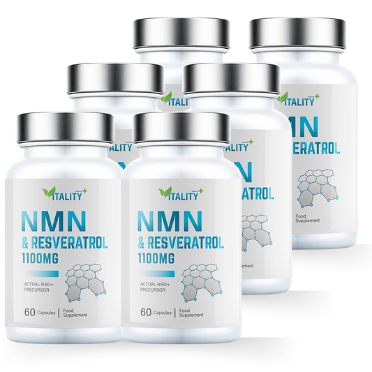 6 Pack Ultimate NMN & Resveratrol Biohacking Supplement | 1100mg High Potency | 99.95% Certified Purity | NAD+ Boost | Anti - Aging, Energy, Cognitive & Cardiovascular Health | 360 Capsules | 6 - Month Supply - Vitality Supplements