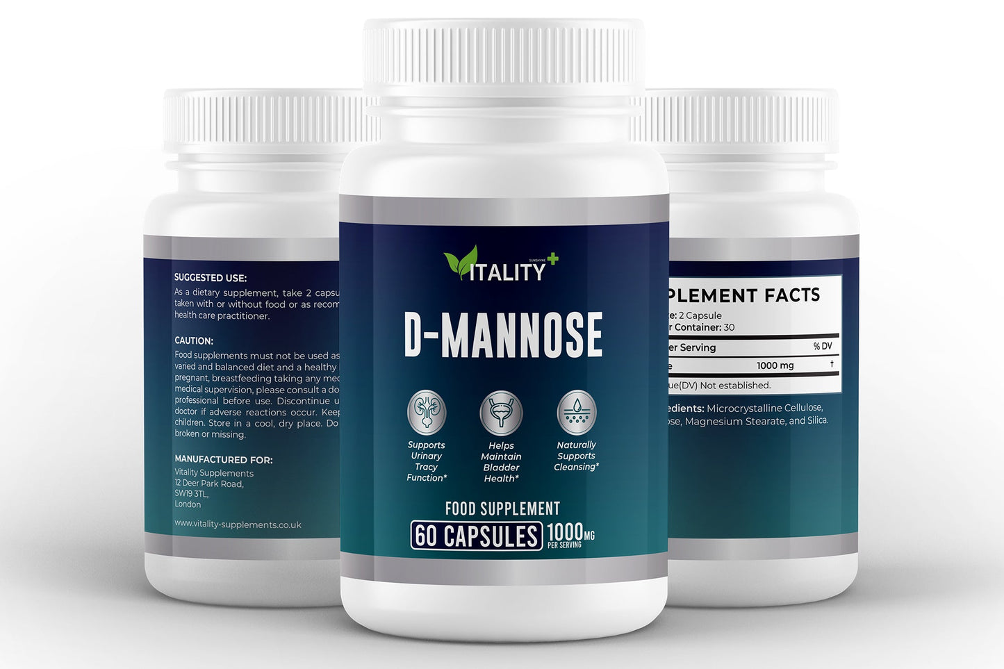 D - Mannose 1000mg | 60 Capsules | Natural Bladder & Urinary Tract Support Supplement - Vitality Supplements