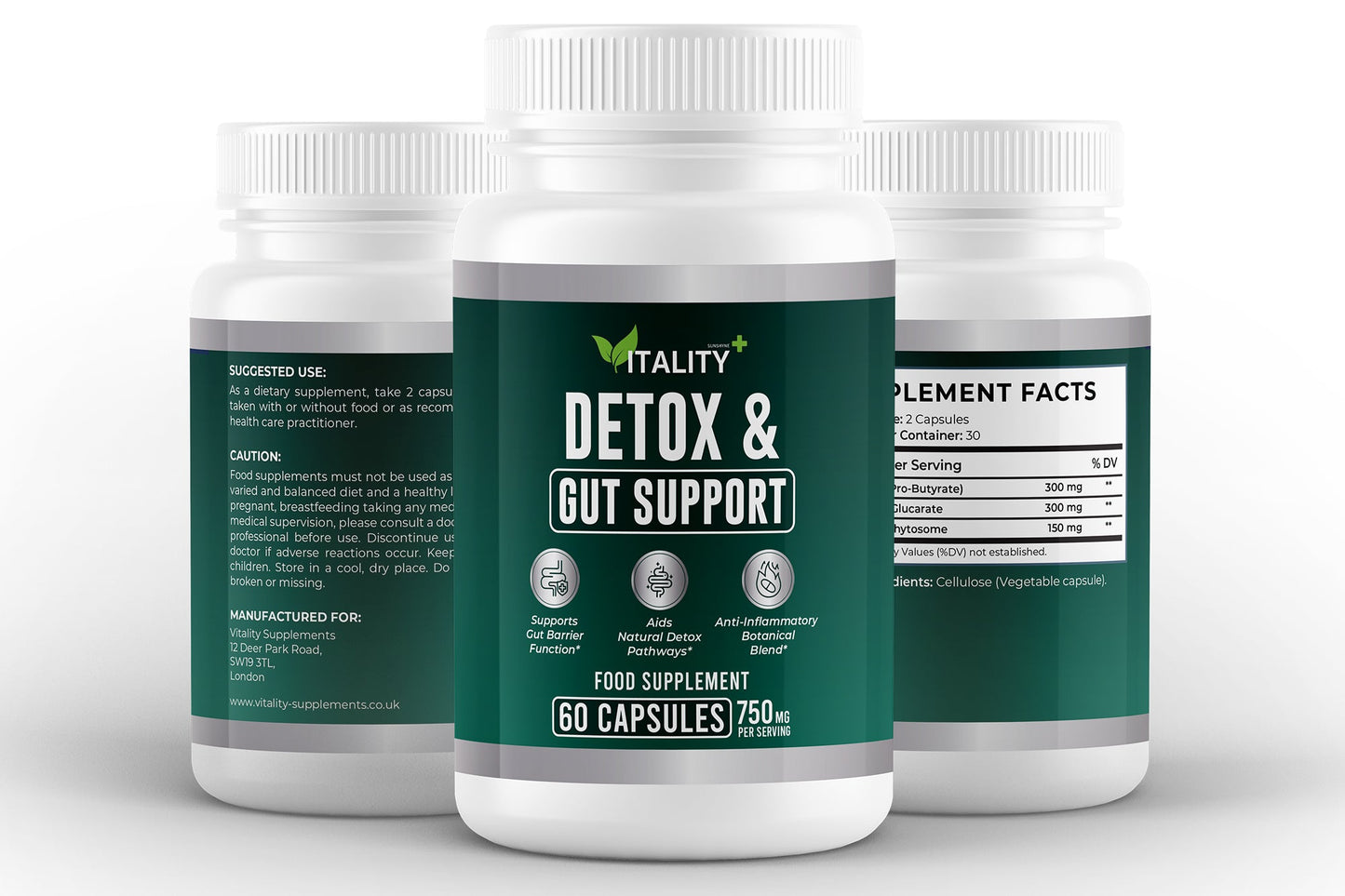 Detox & Gut Support – Butyrate, Calcium - D - Glucarate & Curcumin Phytosome | 750mg | 60 Vegan Capsules - Vitality Supplements