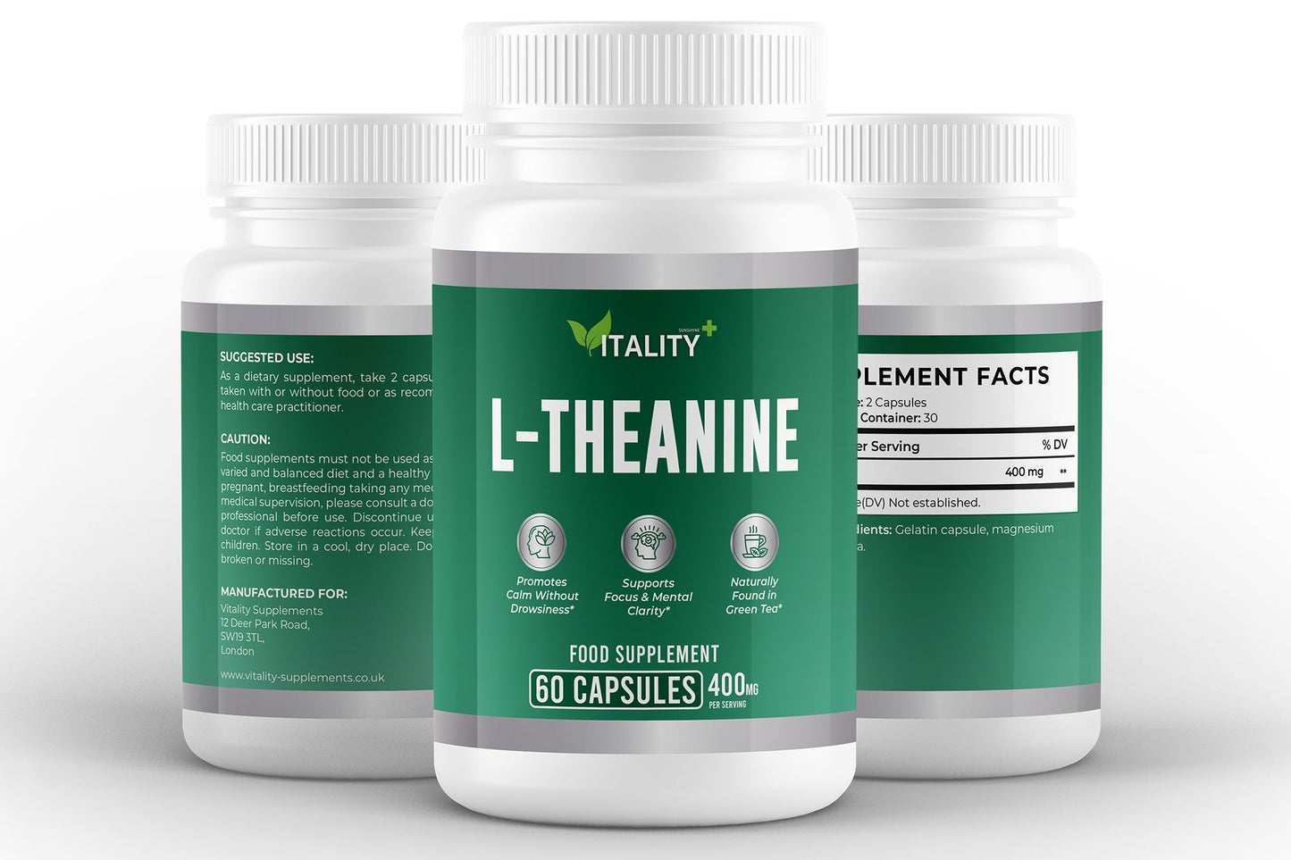 L - Theanine 400mg | 60 Capsules | Calming Amino Acid for Focus & Relaxation - Vitality Supplements