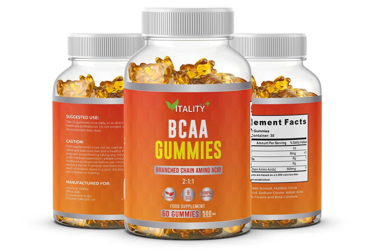 BCAA Gummies 2:1:1 with L-Leucine L-Isoleucine L-Valine | 500mg Per Serving | 1 Month's Supply - Vitality Supplements