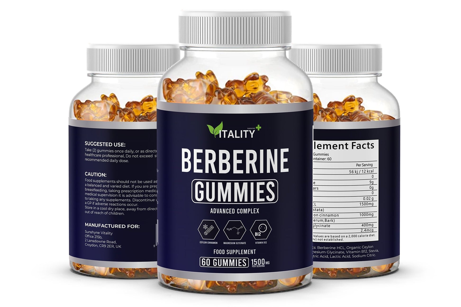 3 Pack Berberine HCl Gummies - Natural Blood Sugar Support & Metabolism Boost - 3 Months Supply - Vitality Supplements