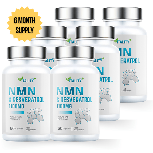 6 Pack NMN & Resveratrol Supplement | 1100mg | 99.95% Certified Purity | 360 Caps | NAD+ | 6 Months Supply - Vitality Supplements