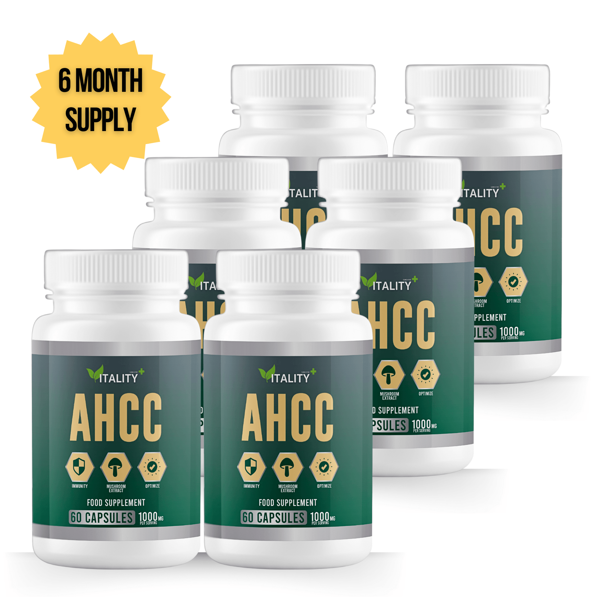 6 Pack Premium AHCC Capsules 1000mg - 360 Capsules, 6 Month Supply - Immune System Support Supplement - Vitality Supplements