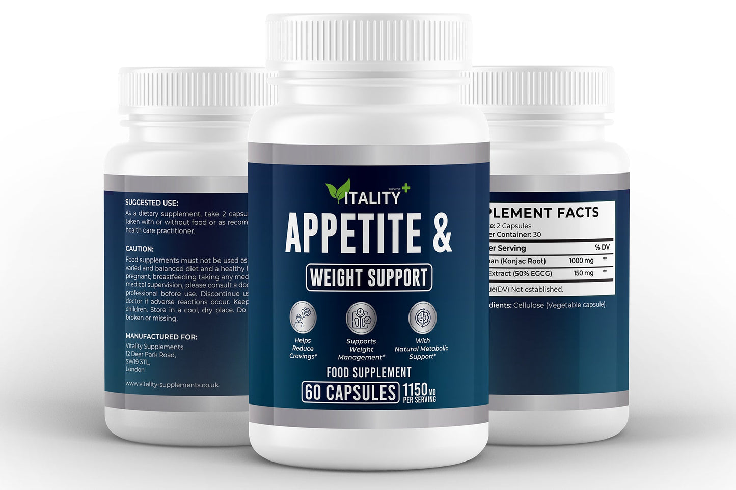 Appetite & Weight Support – Glucomannan & Green Tea Extract | 1150mg | 60 Vegan Capsules - Vitality Supplements