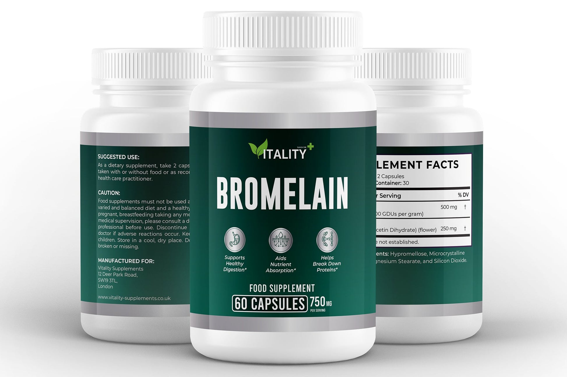 Bromelain 500mg + Quercetin 250mg | Immune & Inflammation Support | 60 Capsules - Vitality Supplements