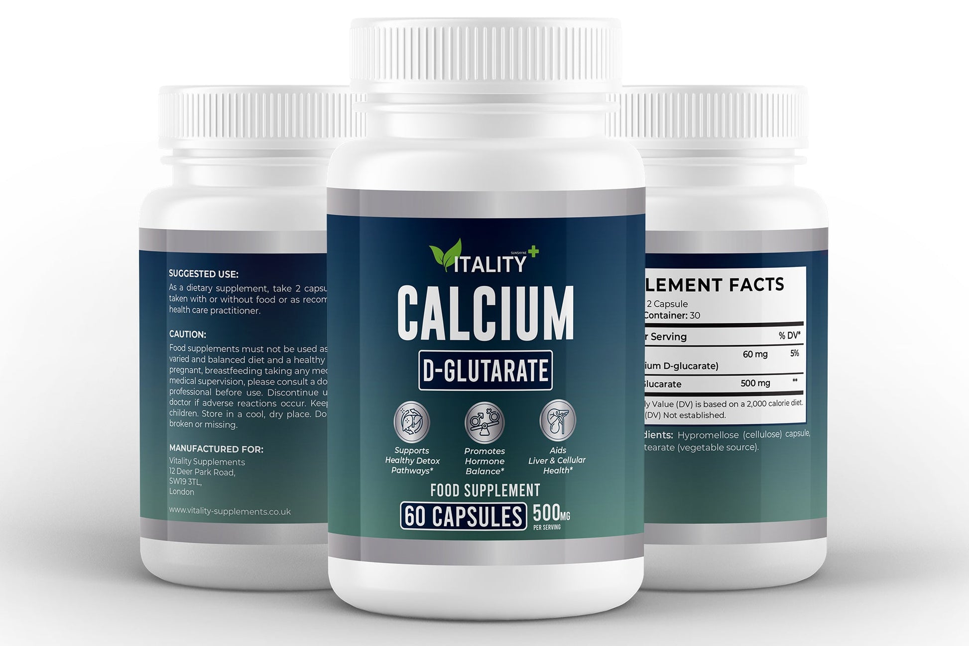 Calcium D - Glucarate 500mg | Plant - Based Calcium Supplement | 60 Vegan Capsules - Vitality Supplements