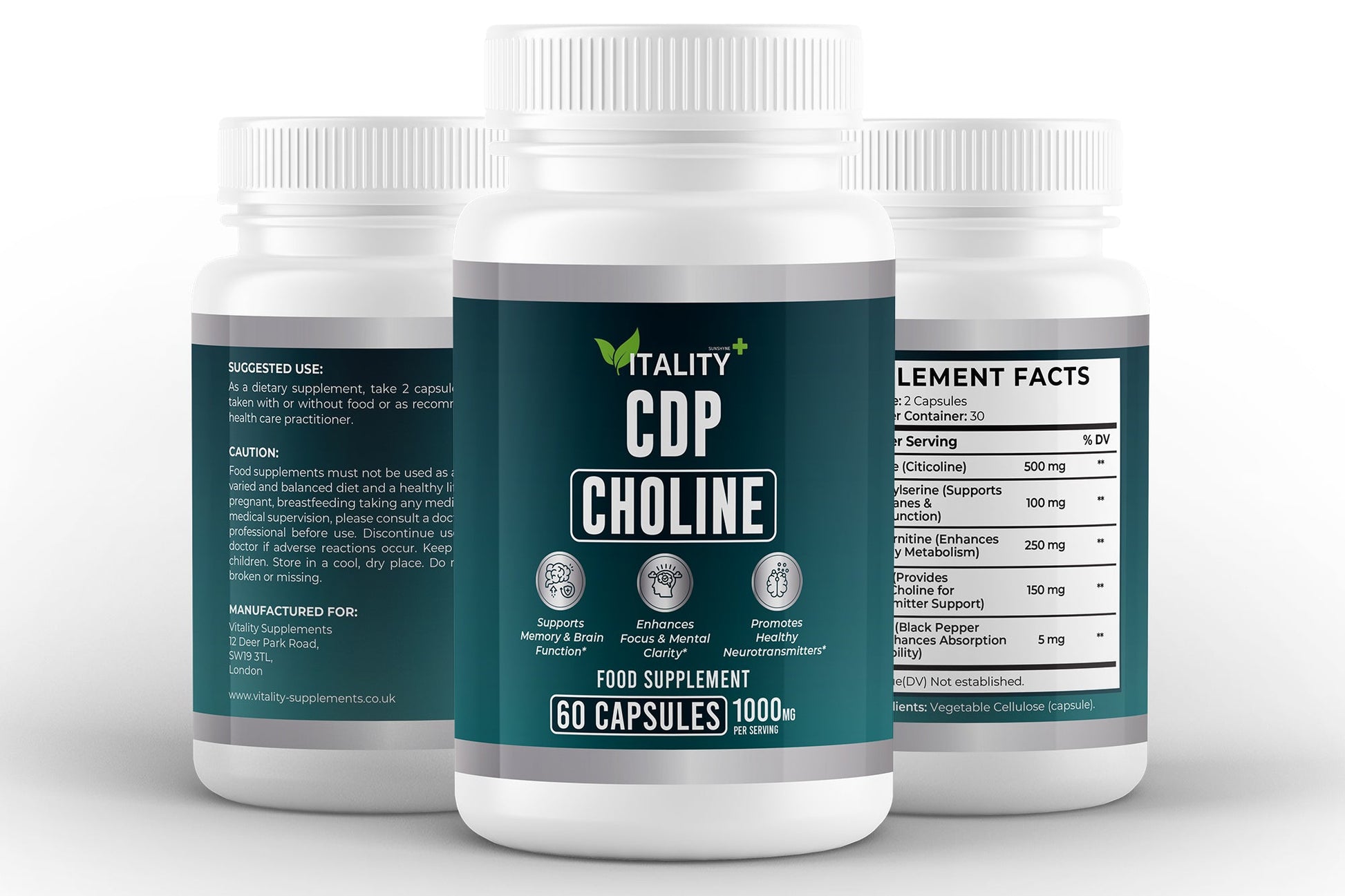 CDP Choline (Citicoline) 300mg | 60 Capsules | 1 - Month Supply | Brain, Focus & Cognitive Support Supplement - Vitality Supplements