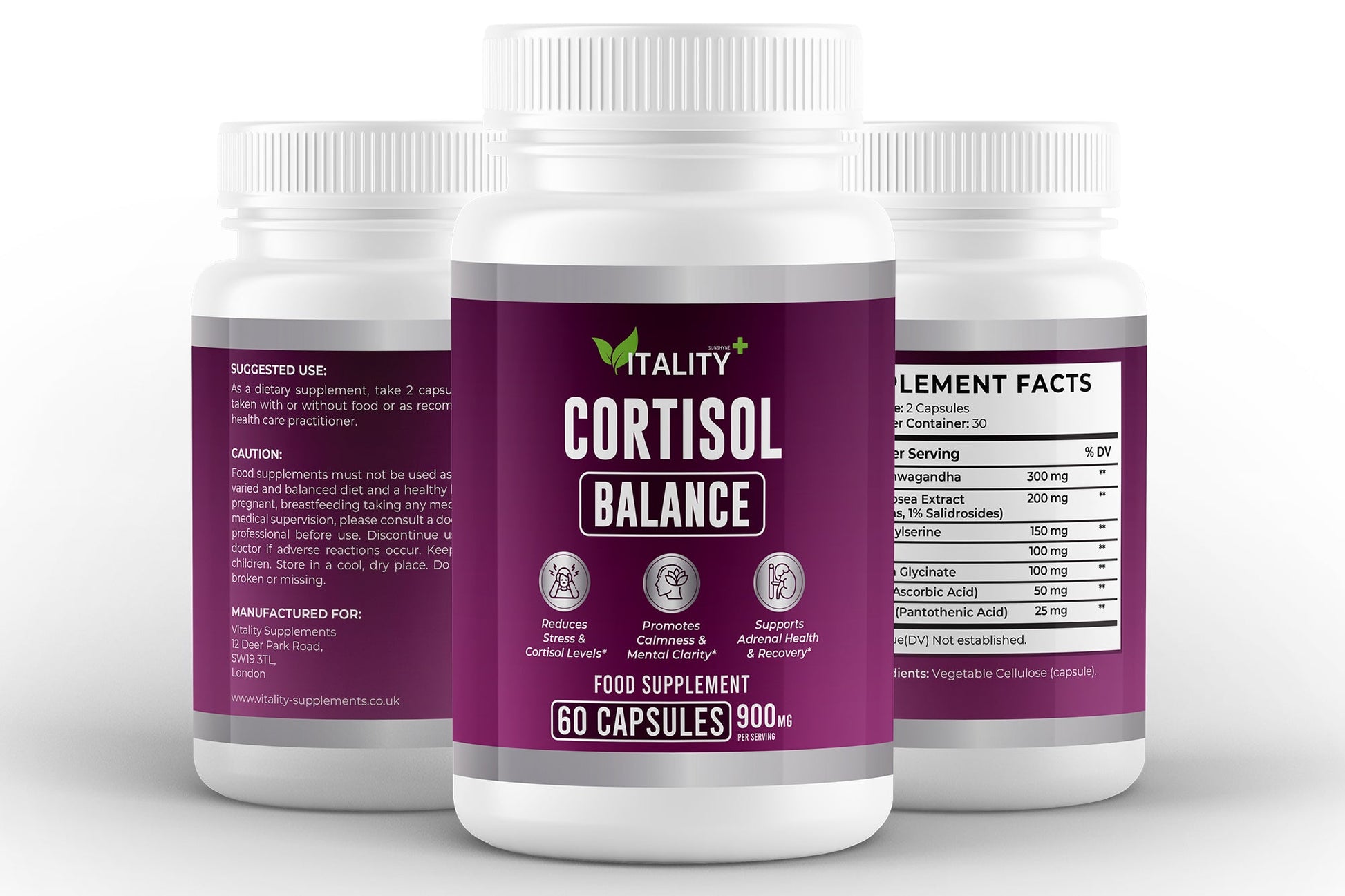Cortisol Balance Supplement – Stress & Mood Support with KSM - 66 Ashwagandha, Rhodiola, L - Theanine & Magnesium – 60 Capsules - Vitality Supplements