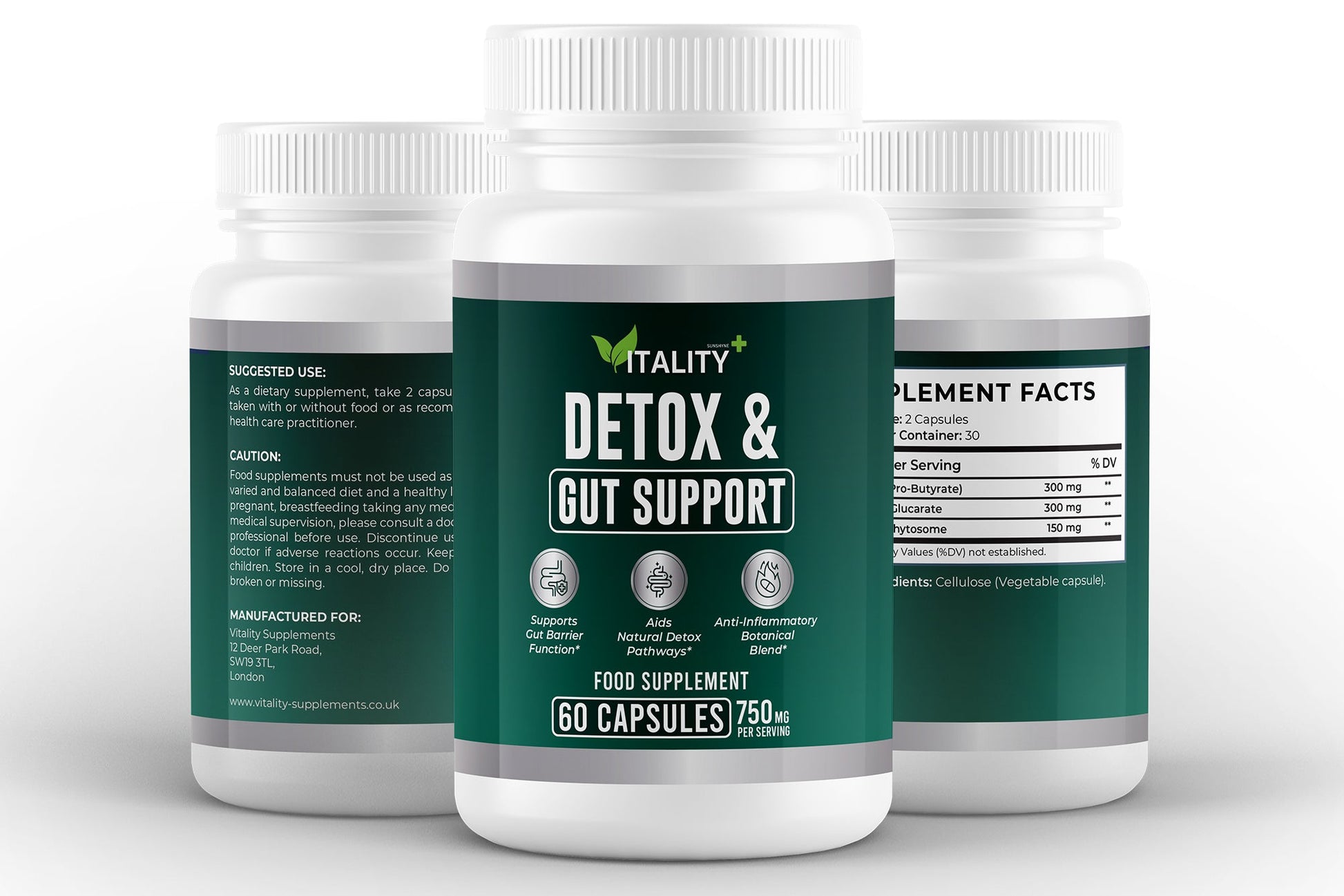 Detox & Gut Support – Butyrate, Calcium - D - Glucarate & Curcumin Phytosome | 750mg | 60 Vegan Capsules - Vitality Supplements