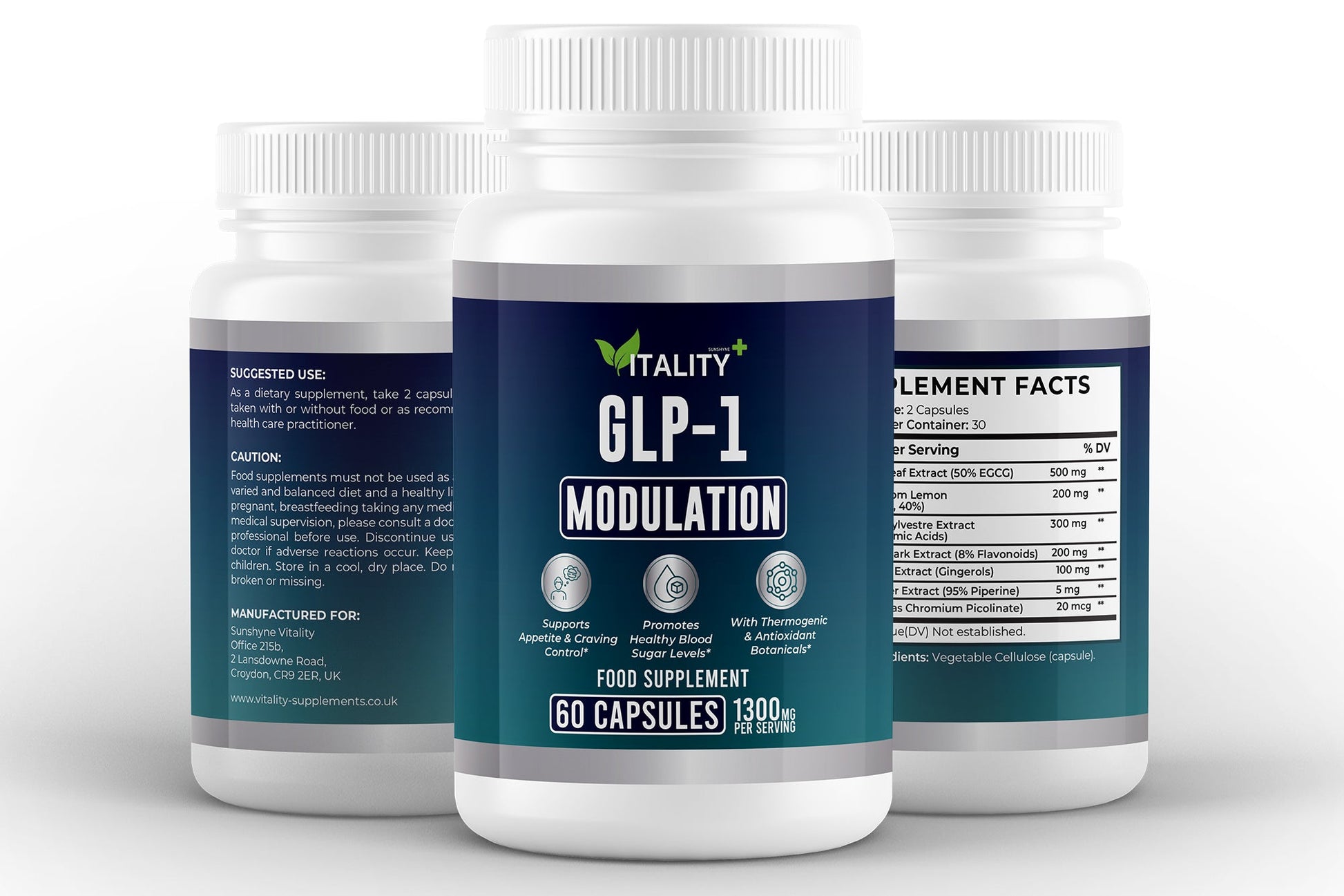 GLP - 1 Modulation Complex – 1300mg | Green Tea, Gymnema, Cinnamon & Thermogenic Botanicals | 60 Vegan Capsules - Vitality Supplements