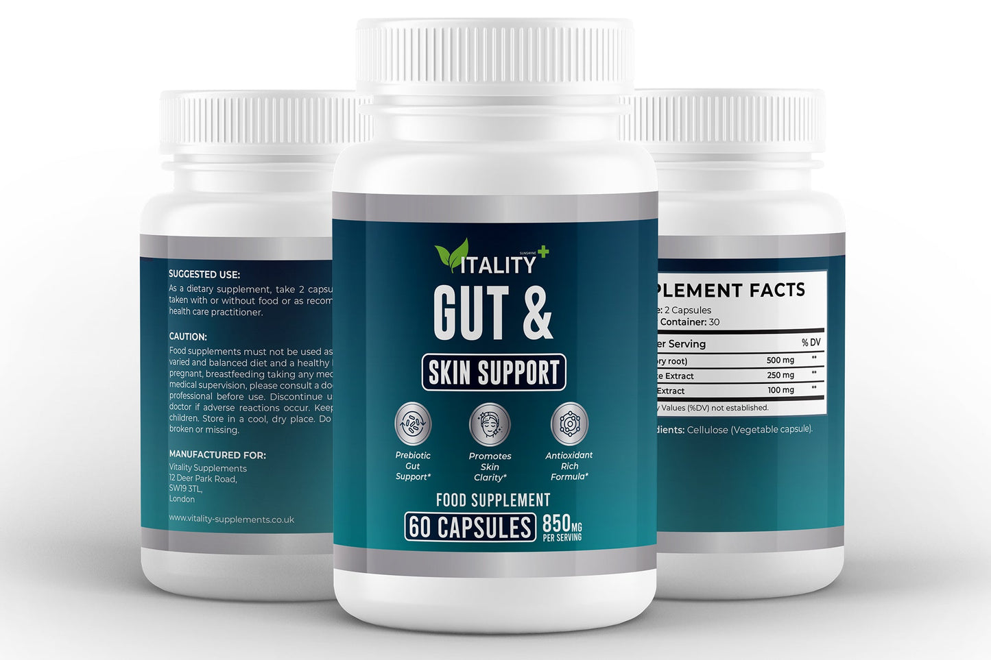 Gut & Skin Support – Inulin Prebiotic, Pomegranate & Grape Seed Extract | 850mg | 60 Vegan Capsules - Vitality Supplements