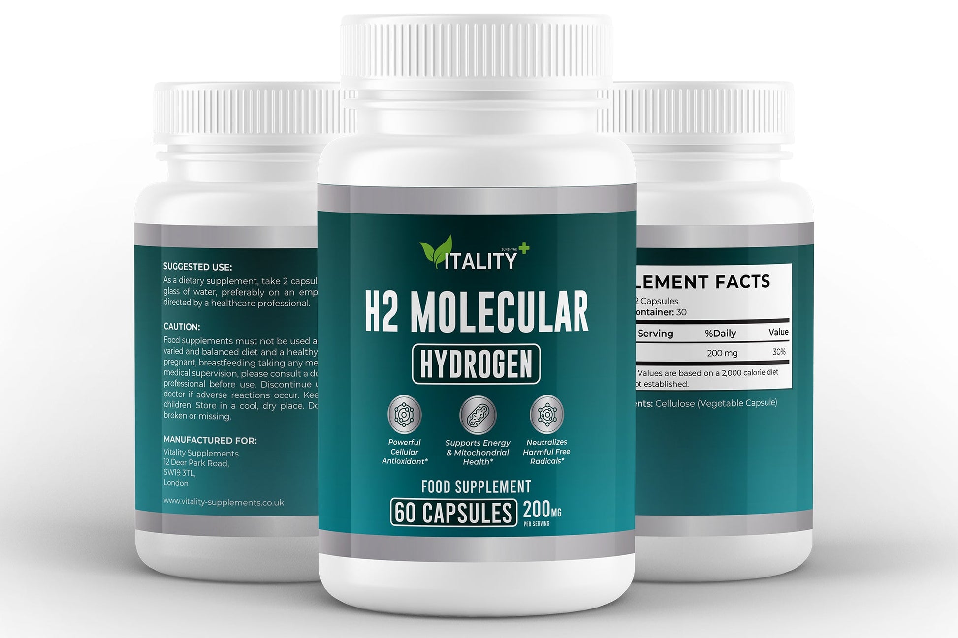 H2 Molecular Hydrogen Capsules | 200 mg Magnesium | Cellular & Antioxidant Support | 60 Vegan Capsules - Vitality Supplements