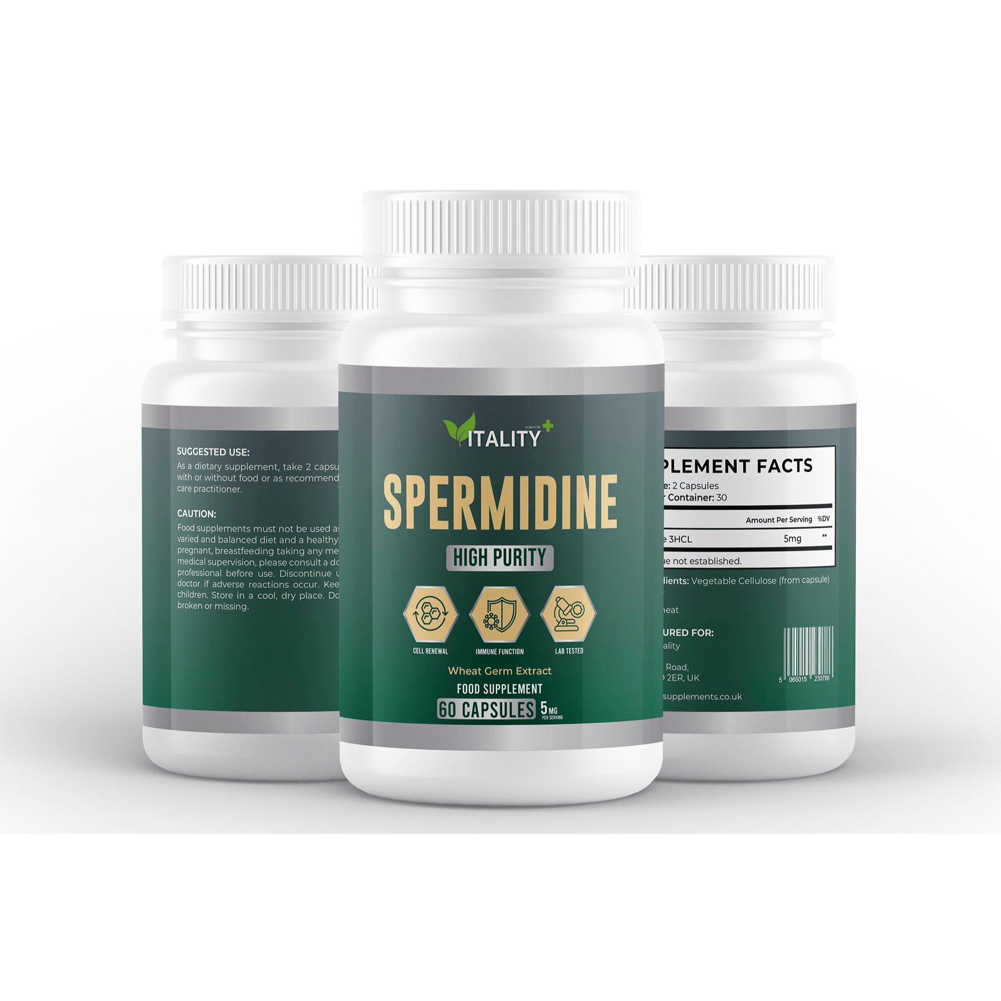 High-Potency Spermidine Capsules 5mg - 60 Capsules, 1 Month Supply - Cellular Health & Longevity Support Supplement - Vitality Supplements