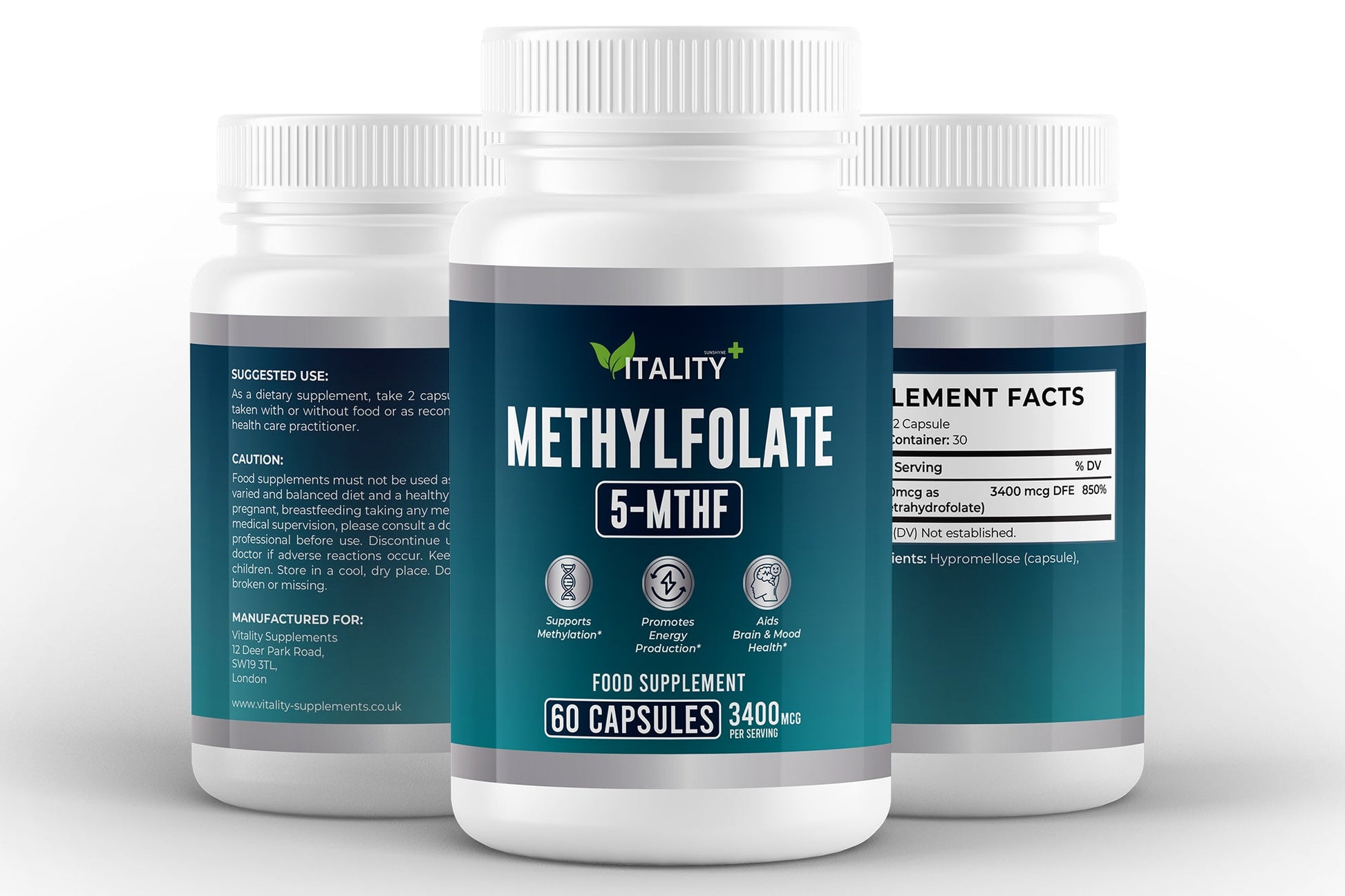 Methylfolate (L - 5 - MTHF) 2000 mcg | Active Folate | 60 Capsules | High Potency - Vitality Supplements