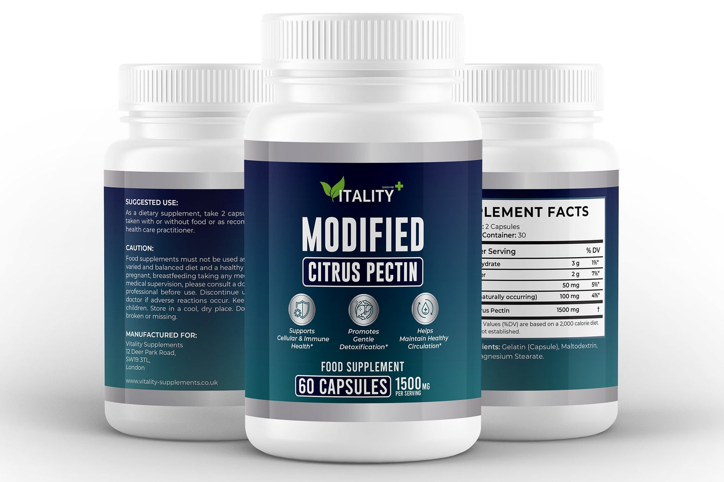 Modified Citrus Pectin 1500mg | High - Fiber Citrus Extract | 60 Capsules - Vitality Supplements