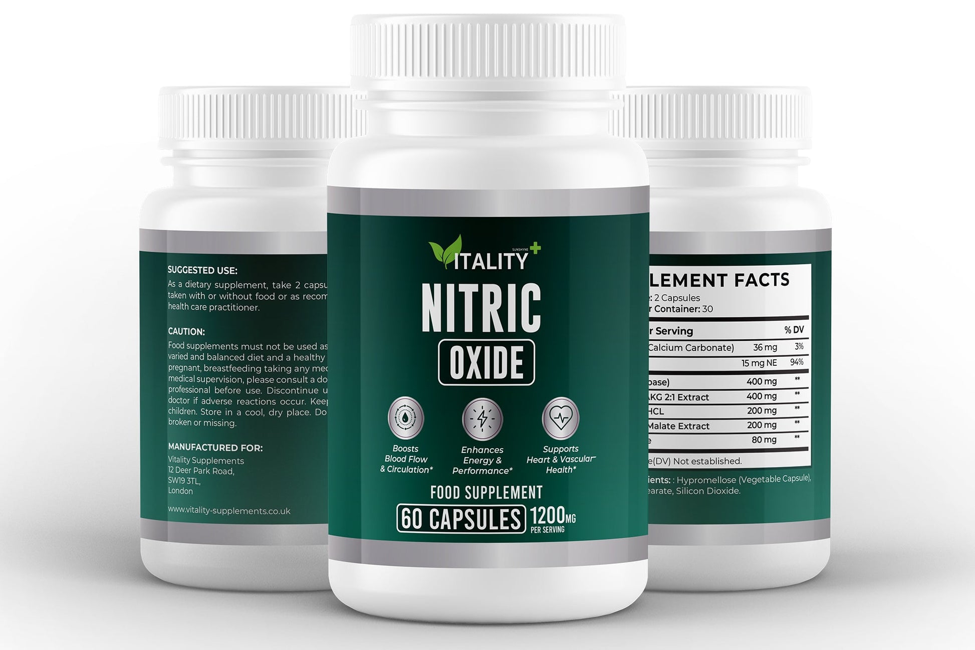 Nitric Oxide Booster – L - Arginine, Citrulline, Beta - Alanine | 60 Capsules - Vitality Supplements