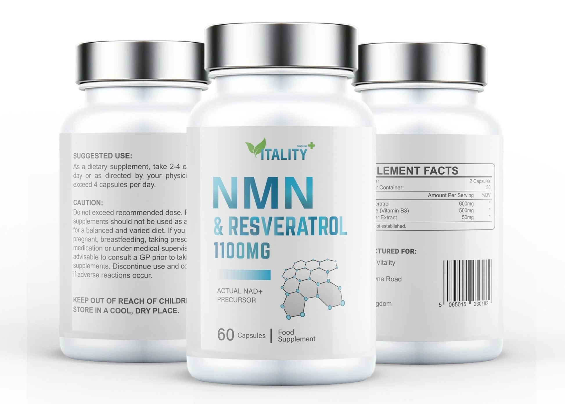 NMN & Resveratrol | 1100mg | 99.95% Certified Purity | 180 Caps | NAD+ | 3 Months Supply - Vitality Supplements