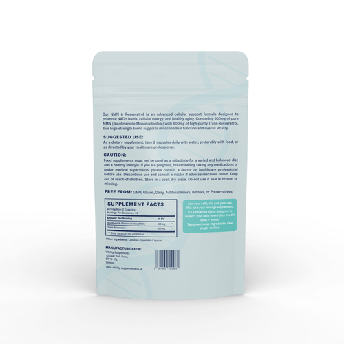 NMN + Resveratrol Capsules | 500mg NMN & 600mg Trans - Resveratrol | 60 Capsules | Cellular Energy & Longevity Support - Vitality Supplements