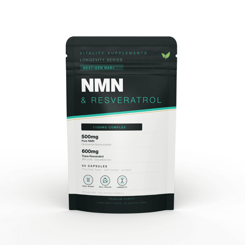 NMN + Resveratrol Capsules | 500mg NMN & 600mg Trans-Resveratrol | 60 Capsules | Cellular Energy & Longevity Support - Vitality Supplements