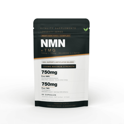 NMN + TMG 1500mg Complex Capsules | 750mg NMN + 750mg Trimethylglycine | NAD+ Support Formula | 60 Capsules | UK Manufactured - Vitality Supplements