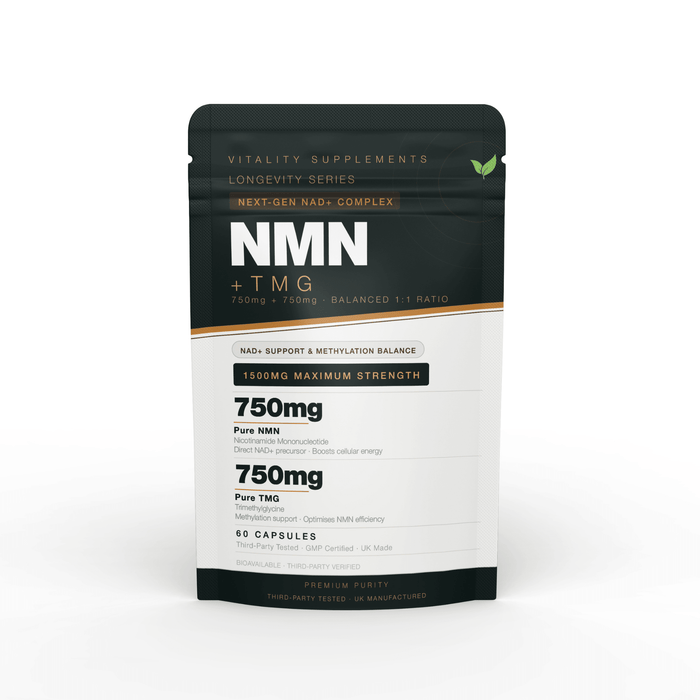 NMN + TMG 1500mg Complex Capsules | 750mg NMN + 750mg Trimethylglycine | NAD+ Support Formula | 60 Capsules | UK Manufactured - Vitality Supplements
