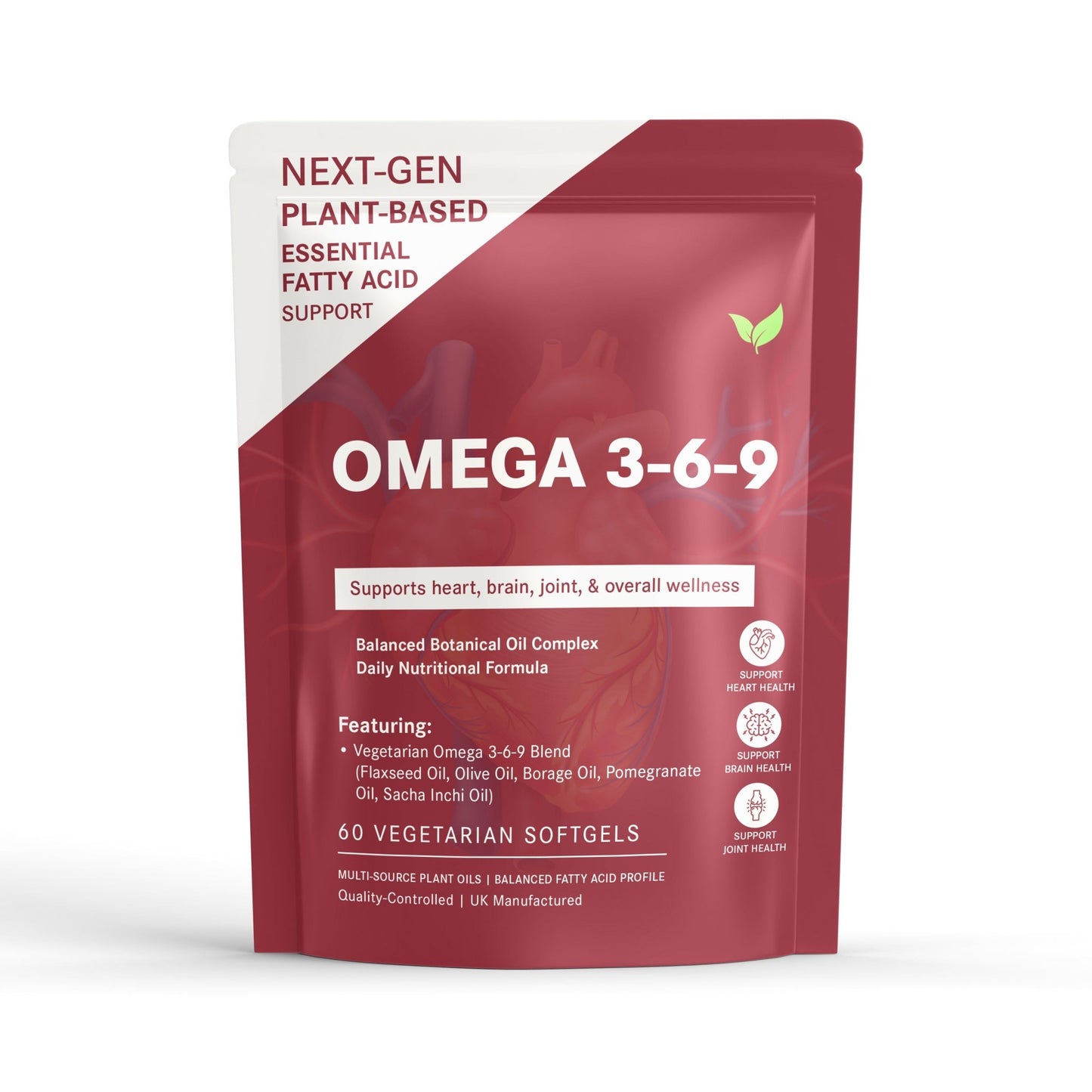 Omega 3 - 6 - 9 Plant - Based Capsules – Essential Fatty Acids for Heart, Brain & Joint Support – Vegetarian Omega Complex – 60 Softgels - Vitality Supplements