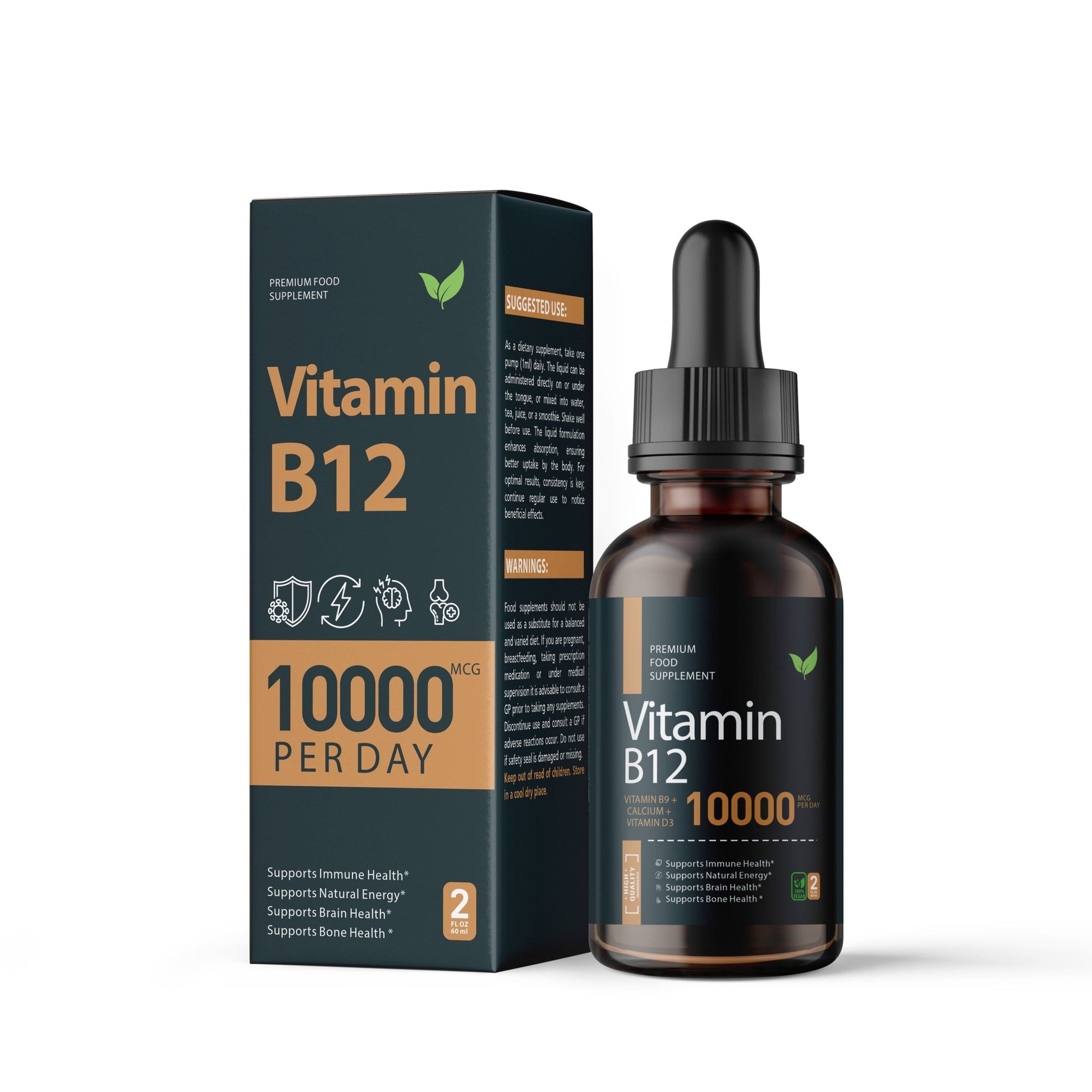 Premium Vitamin B12 Drops - 10,000mcg Per Serving, 2 Month Supply, 60ml Bottle - Energy, Metabolism & Cognitive Support - Vitality Supplements