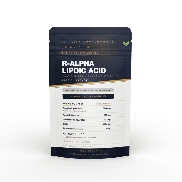 R-Alpha Lipoic Acid 300mg + Acetyl-L-Carnitine + CoQ10 + Biotin | 5-Active Complex | 60 Vegetarian Capsules | UK Manufactured - Vitality Supplements