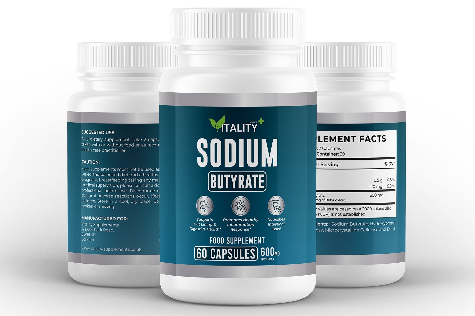 Sodium Butyrate Capsules | 600 mg | Gut & Cellular Health Support | 60 Vegan Capsules - Vitality Supplements