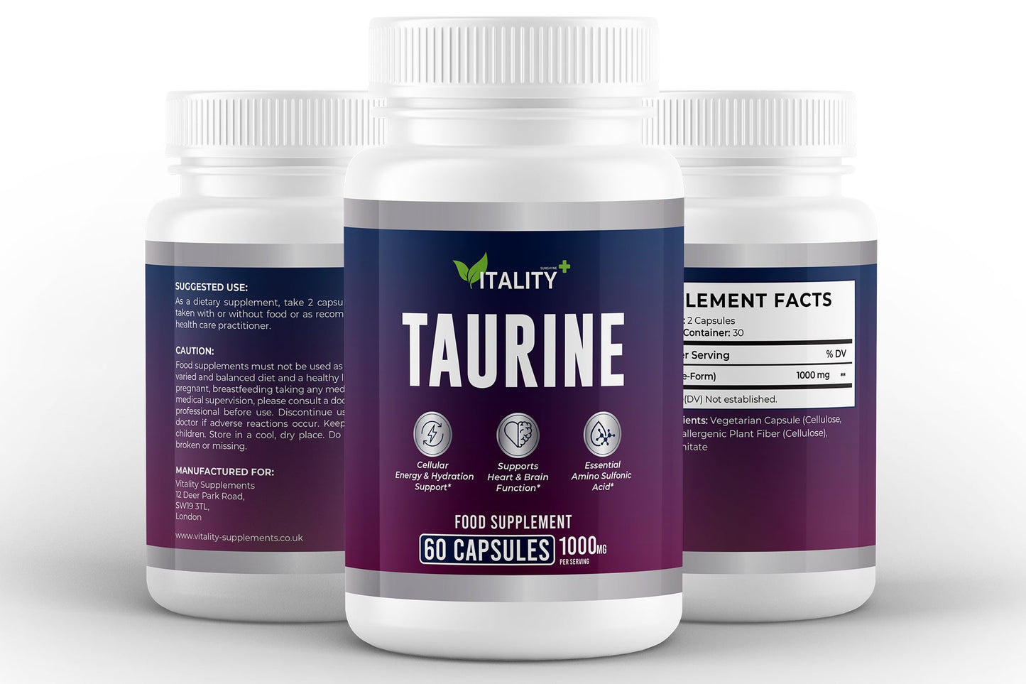 Taurine 500mg – Cellular Hydration & Nervous System Support – 60 Capsules (1 Month Supply) - Vitality Supplements