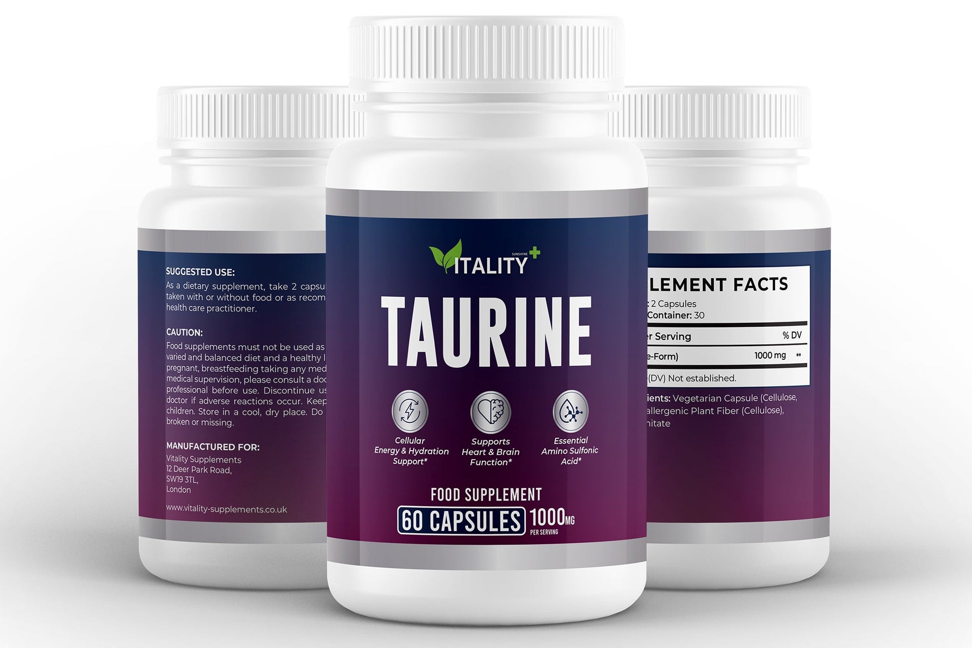 Taurine 500mg – Cellular Hydration & Nervous System Support – 60 Capsules (1 Month Supply) - Vitality Supplements