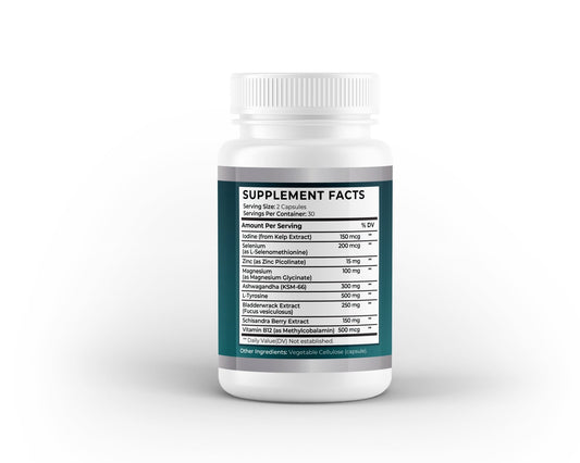 Thyroid Support Capsules – Iodine, Selenium, Ashwagandha, L - Tyrosine, B12, Zinc & Bladderwrack – 60 Capsules - Vitality Supplements