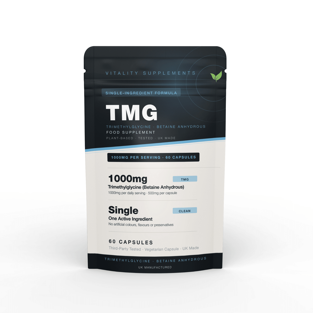 TMG 1000mg Capsules | Trimethylglycine (Betaine Anhydrous) | Single-Ingredient | 60 Vegetarian Capsules | UK Manufactured - Vitality Supplements
