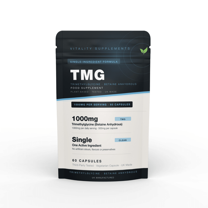 TMG 1000mg Capsules | Trimethylglycine (Betaine Anhydrous) | Single-Ingredient | 60 Vegetarian Capsules | UK Manufactured - Vitality Supplements