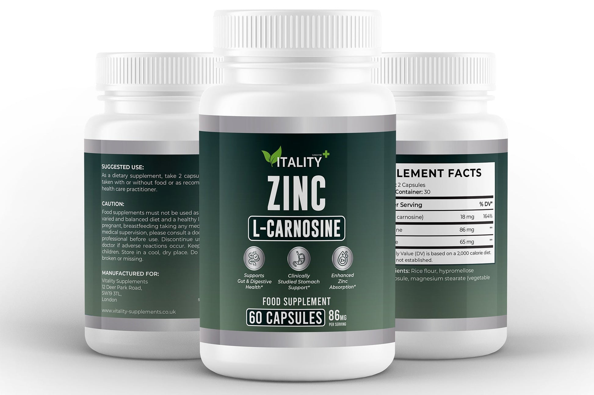 Zinc L - Carnosine 18 mg | Gut & Mucosal Lining Support | 60 Capsules - Vitality Supplements